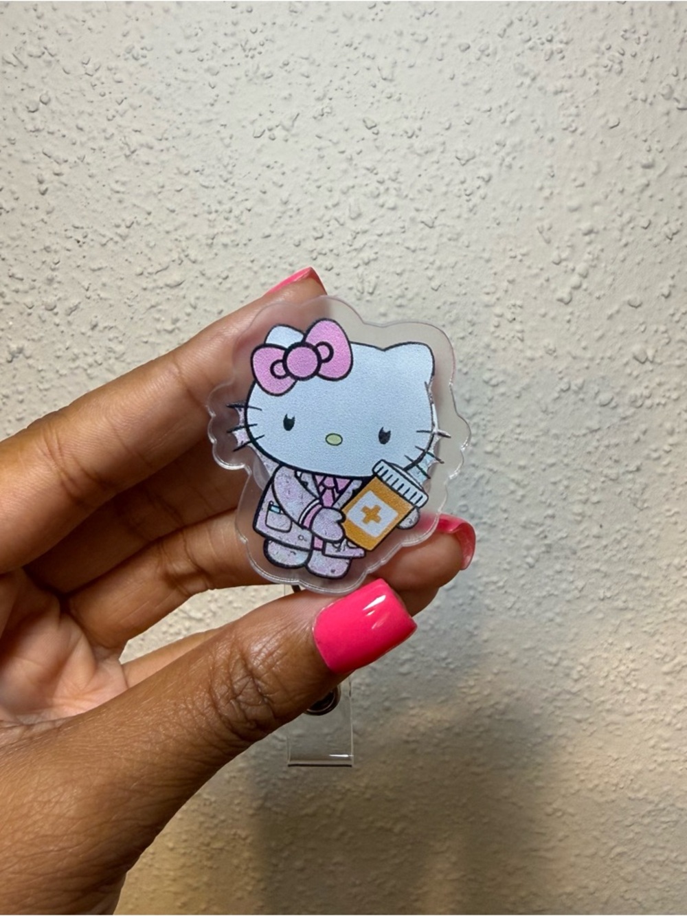 Hello Kitty Pink and White Nurse Badge Reel with Pill Bottle Design